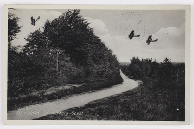 18175 Gezicht op het fietspad bij Soesterberg (gemeente Soest), met in de lucht enkele vliegtuigen.